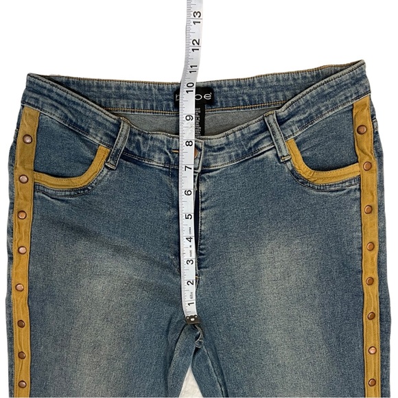 Bebe Flare Jeans with faux suede studded trim lines on the outer leg, Raw hem - Picture 6 of 11